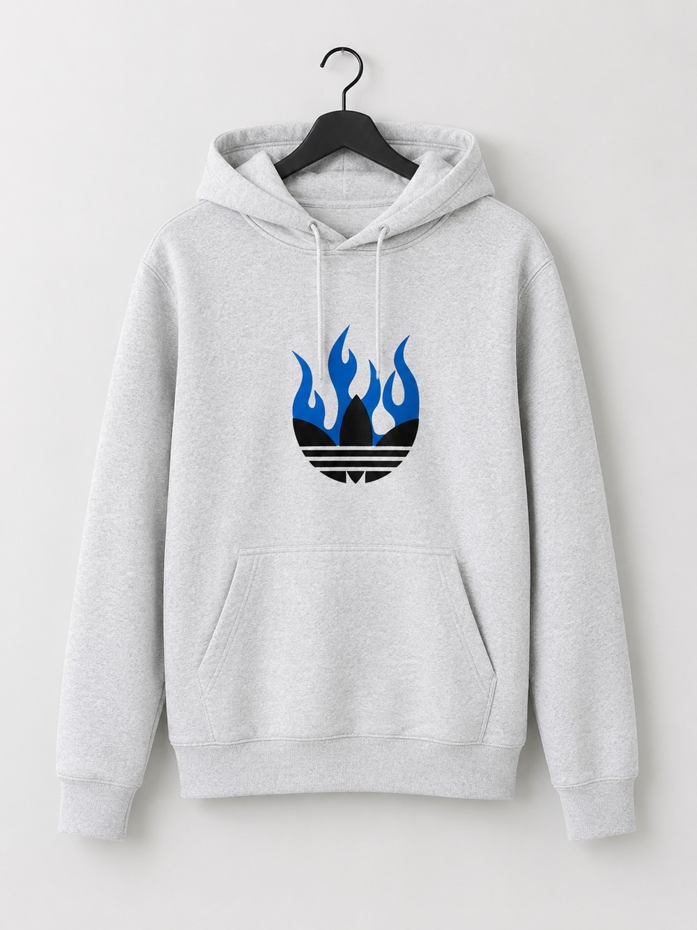 Men's Adidas Light Gray Hoodie with Blue Flame Graphic
